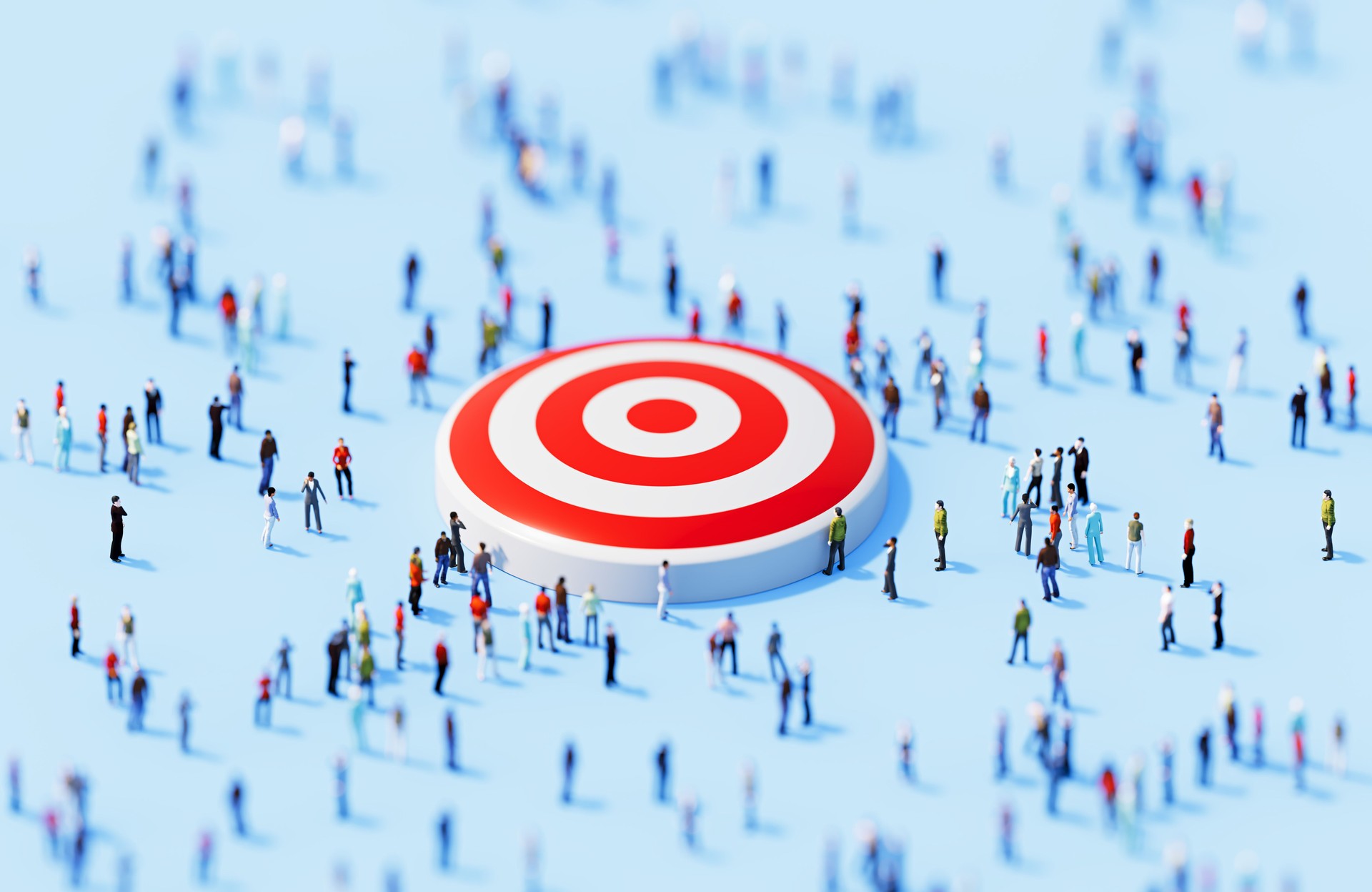 Human Crowd Surrounding Red Target Object On Blue Background